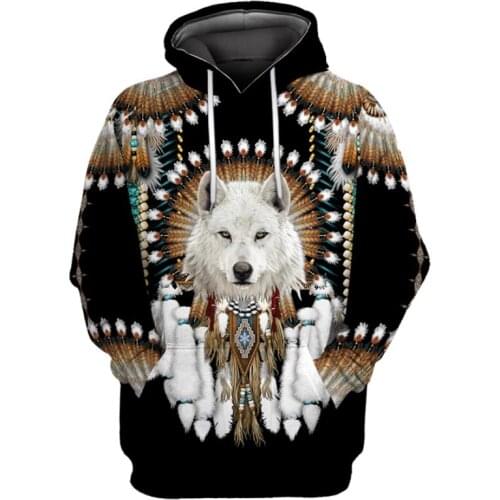 Native Indian Wolf 3D Printed Hoodies Men Harajuku Fashion Hooded Sweatshirt Autumn Unisex Casual Hoodie Sudadera Hombre KS-991