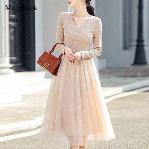 Spring 2021 Slim Knit Bottom Dress Female Stitching Fake Two Pieces of Medium-length Gentle Inner Mesh Dress Vestido Mujer 13275