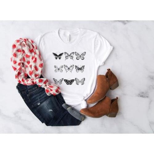 Butterfly Vintage Botanical T-Shirt Graphic Korean Women shirt Fashion Casual 100%Cotton Round Neck Female Short Sleeve Top Tees