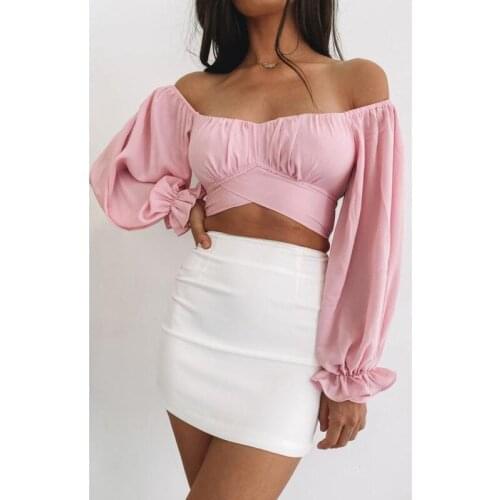 Women Off Shoulder Chiffon Blouse 2021 Fashion Solid Color Long Sleeve Sexy Crop Top Elegant Party Club Shirt Blouse Streetwear