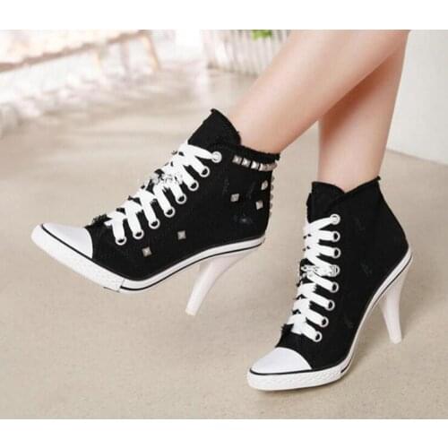 Women Canvas Shoes Denim High Heels Rivets Shoes Fashion Shoe Laces Sneakers Women Short Womens Pumps black