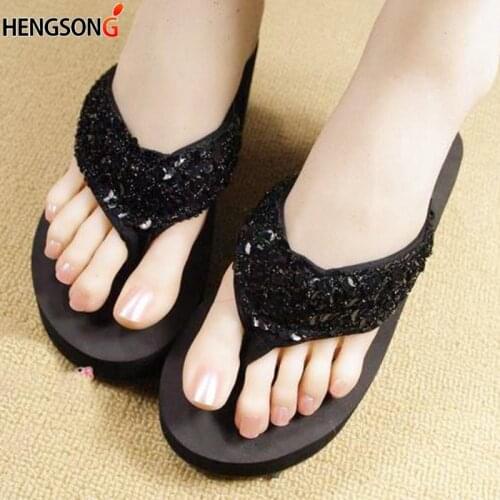 Women Flip Flops with Sequin 2020 Summer Sandals Wedge Beach Slippers for Female Med Heel Outdoor Slippers