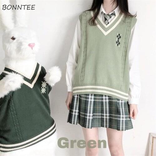 Sweater Vest Women Green Fall 2021 Lady Clothing Popular Korean Style Loose Sleeveless Chic Lovely Casual Patchwork Ins Harajuku