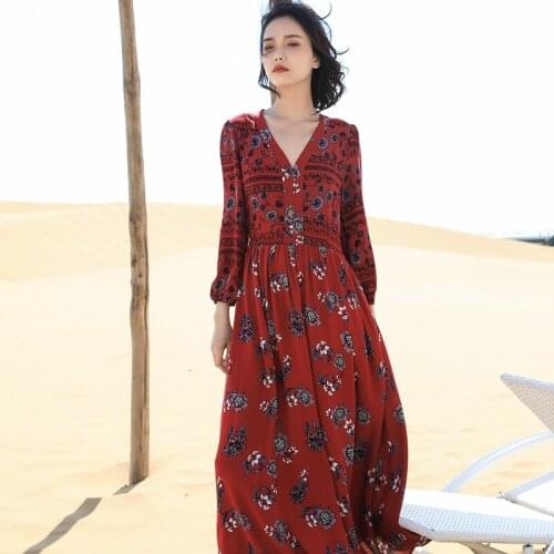 2021 New Spring Autumn Women Print Floral Casual Boho Vacation Woman Dresses Maxi Vestidos Long Sleeve Vintage Clothes WPY2305