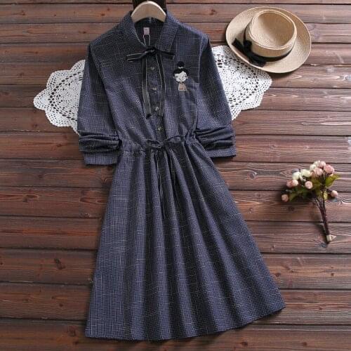 Spring Vintage Blue Red Plaid Shirt Dress For Women Fashion Long Sleeve Sweet Dress