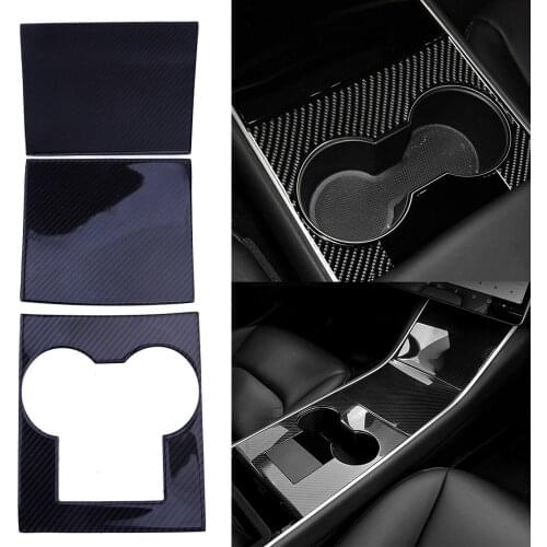 1Set Carbon Fiber Center Console Cup Holder Panel Cover Trim Wrap Black Fit For Tesla model 3 2017 2018 2019 2020