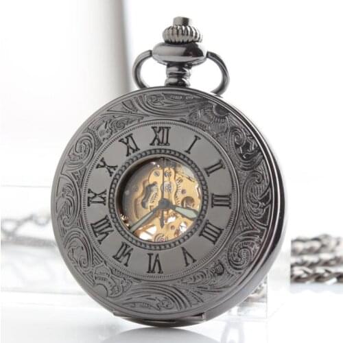 10pcs/lot Classic Black Carved Roman Number Skeleton Mechanical Pocket Watch Men Pocket Watches