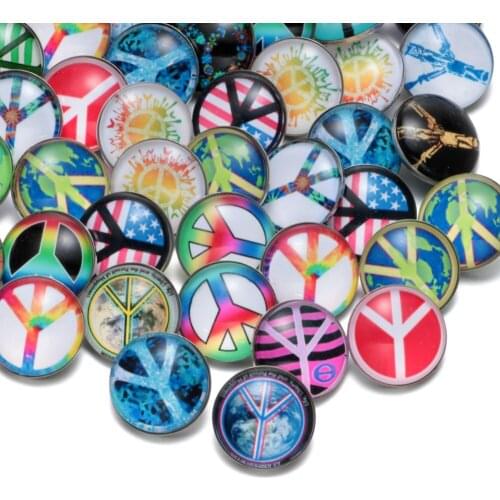 50pcs/Lot Peace Symbol Pattern Multi Color Glass Charms 18mm Snap Button Jewelry For 18mm Snaps Bracelet Snap Jewlery KZHM020