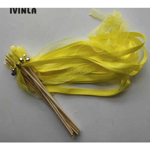 50pcs/lot yellow Lace Wedding Ribbon Wands and big Bells for wedding decoration