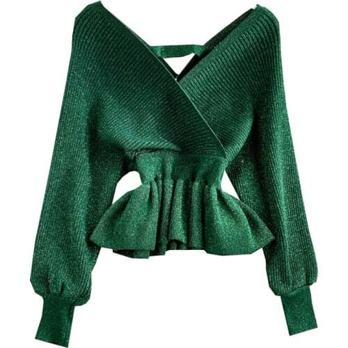 Shiny silk knit sweaters top female V-neck waist slimming lotus leaf swing sweater autumn and winter ruffles pullovers jumper