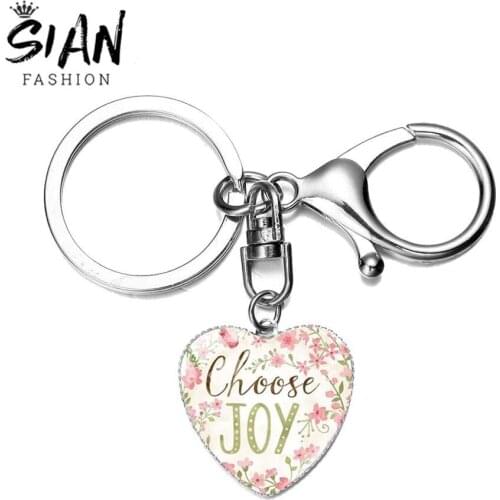 SIAN Choose Joy Pendant Keychains Heart Pattern Glass Cabochon Family Love Key Holder Zinc Alloy Lobster Clasp Womens Keyrings
