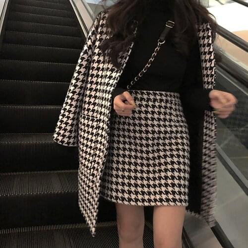 Black And White Houndstooth Jacket Womens Spring Autumn Woolen Jacket 2021 Fashion Cashmere Stitched Nine-Quarter Sleeves Coat