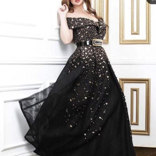 Black prom dresses 2021 off the shoulder beading crystal rhinestone beading sequins long evening dresses gowns