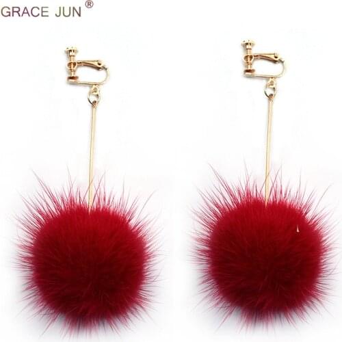 Grace Jun Gold Color Long Style Mink Hair Clip on Earrings Without Piercing for Women Luxury Fashion No Hole Earrings Bijouterie