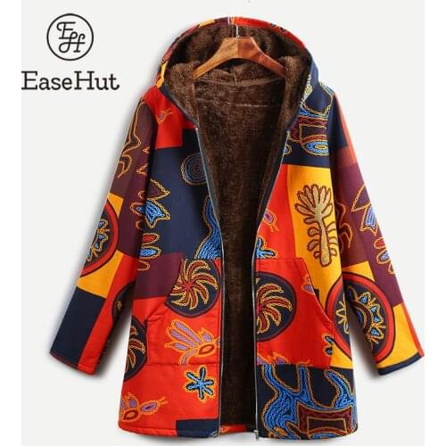 EaseHut Women Ethnic Printed Jacket Coat Open Front Zipper Warm Hooded Vintage Coat Female Thin Outerwear Overcoat Plus Size