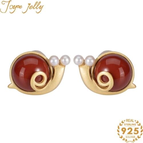 JoyceJelly 925 sterling silver jewellery set for charm woman with round shape agate gemstons snaile shapes gold colors lady gift