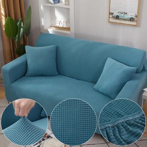 Plaid Jacquard Soft Fabric Blue Sofa Cover For Living Room Solid Color All-inclusive Modern Elastic Corner Couch Slipcover 45012