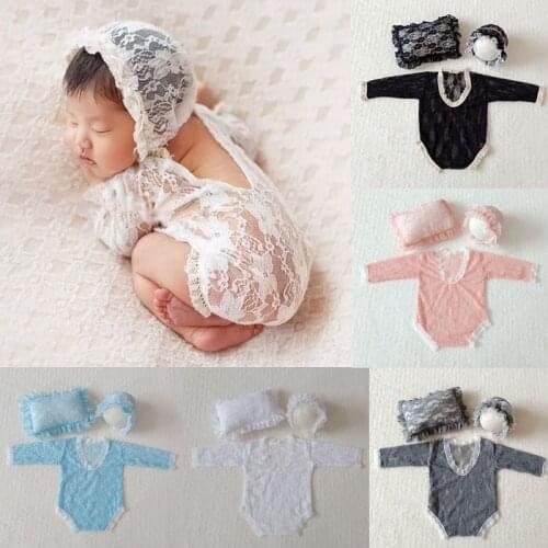3 Pcs Baby Newborn Photography Props Baby Outfit Baby Girls Romper Jumpsuit Lace Hat Pillow Set Photo Shooting Costume
