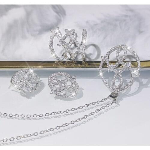 New Fashion 925 Silver Jewelry Sets Water Drop Cubic Zirconia Oval Hollow Earrings Necklace and Ring Set for Women Dancing Party