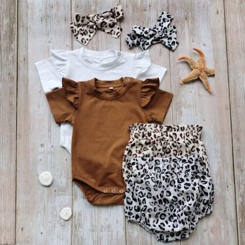 Summer Infant Baby Girls Outfit Solid Color Fly Short Sleeve Romper + Leopard Print Shorts + Bow Headwear Clothes Set