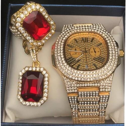 Men Luxury Gold Color Watch & Necklace & Ring Combo Set Ice Out Cuban Rapper Men Jewelry In Crystal Hip Hop For Men