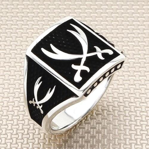Sterling Silver Square Zulfiqar Double Sword Style Ring Islamic Men Ring Handmade Oxidized Accessory For Men Made in Turkey
