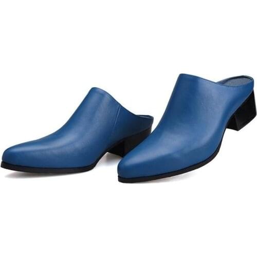 Summer Mules Shoes Men High Heels Genuine Leather Slippers Pointed Toe Slip-On Slides Sandals Mens Business Office Dress Shoes