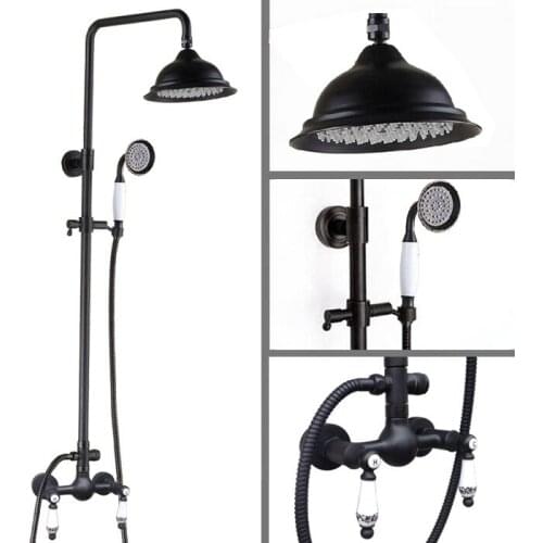 Wall Mounted Dual Ceramic Handles Black Oil Rubbed Bronze Bathroom Rain Shower Faucet Set 8" Inch Round Rain Shower Head mrs511