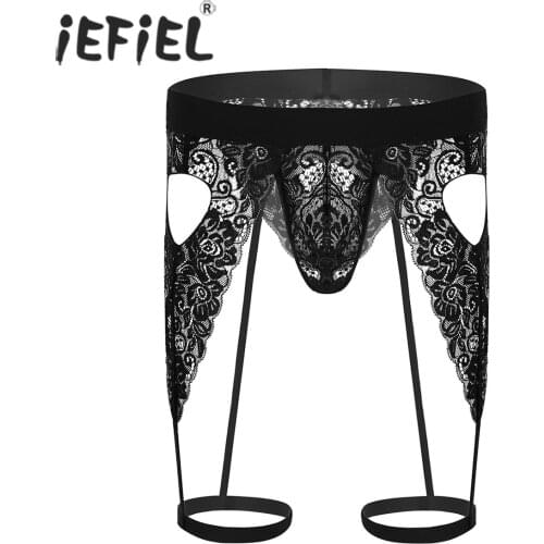 Mens Lingerie See Through Floral Lace Open Butt Bulge Pouch Cutout Love Heart Bikini Gay Thongs Underwear with Leg Garters Band