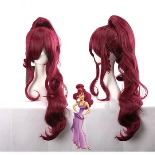 Princess Megara Cosplay Wig Meg Long Red Wine Synthetic Hair Wigs for Adult + Wig Cap