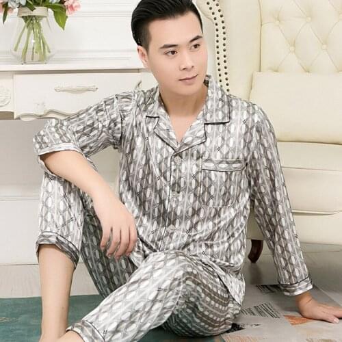 High Quality Men Satin Sleepwear Autumn New Print Pajama Pijamas Set Loose Male Home Wear 2021 Ice Silk Nightwear Casual Pyjamas