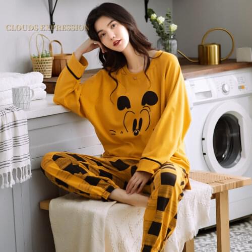 Spring Autumn Womens Sleep Lounge Pajama Long Sleeved Woman Pajama Set Cartoon Pyjamas Cotton Sleepwear M L XL XXL XXXL Fashion