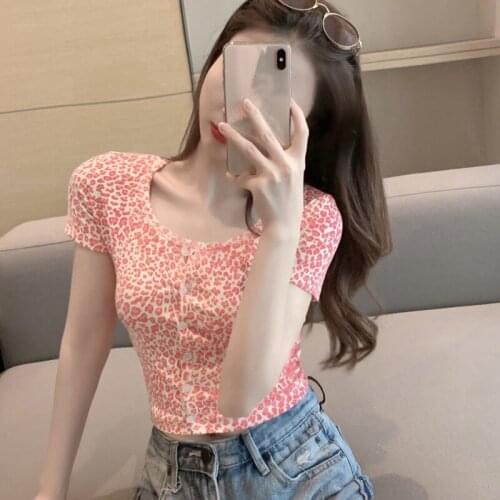 Casual Round Neck Short Cardigan Summer Leopard Short-sleeved T-shirt Women Clothing