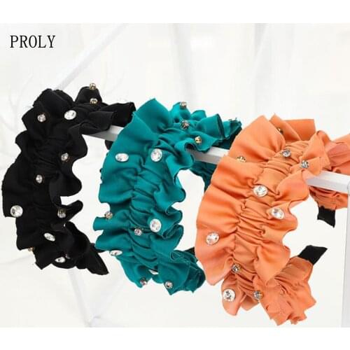PROLY New Fashion Women Headband Pleated Rhinestone Hairband Wide Side Casual Turban Solid Color Hair Accessories