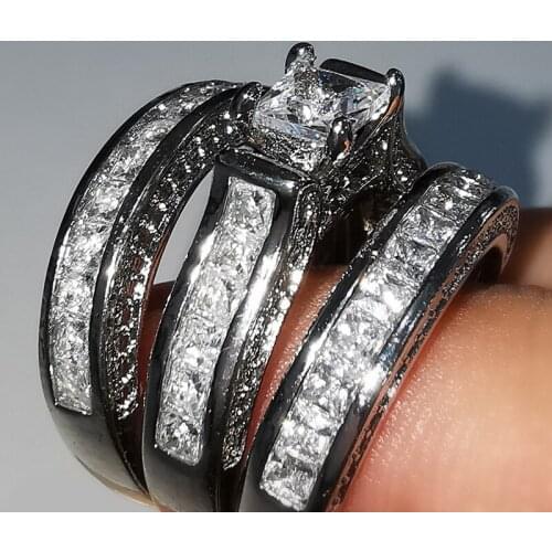 Luxury White Gold Zircon Bridal Ring Set Princess Cut CZ Crystal Rings Engagement Ring Anniversary Jewelry Lovers Gifts