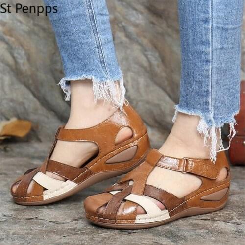 Women Plus Size Summer Sandals Round Head Wedges Sandals Casual Women Non-slip Sandals Hoop And Loop Gladiator Shoes