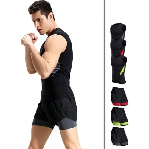 Summer Men Sportswear Sweatsuit Quickly Dry Elastic Sleeveless Sweatshirt Sport Short Casual Jogger Workout Running Clothes