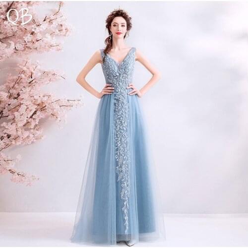 A-line V-neck Tulle Lace Flowers Beading Luxury Formal Blue Long Evening Dresses Bride Banquet Party Prom Dress XK379