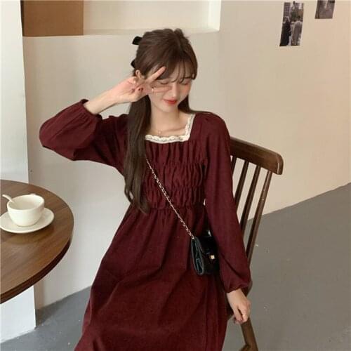 Vintage Dresses Lace Square Collar Korean Midi Long Sleeve Party Dresses Clubwear Autumn Women Clothes
