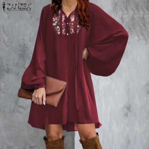 ZANZEA Women Summer Bohemian Party Beach Sundress Casual Lace Up Floral Embroidery Mini Short Dress Long Puff Sleeve Vestidos