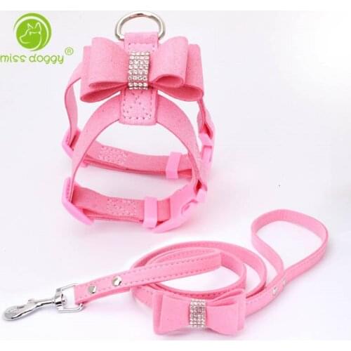 Dog Harnesses Safety Vest Bling Rhinestone Bow Knot Leather Dog Leash Collar Soft Puppy Dog Harness Leash Set Safety For Walking
