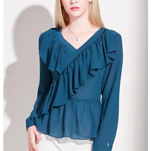 Spring fall fashion women office lady elegant blue ruffles long sleeve chiffon blouse shirt , 2019 female womens v neck blouses