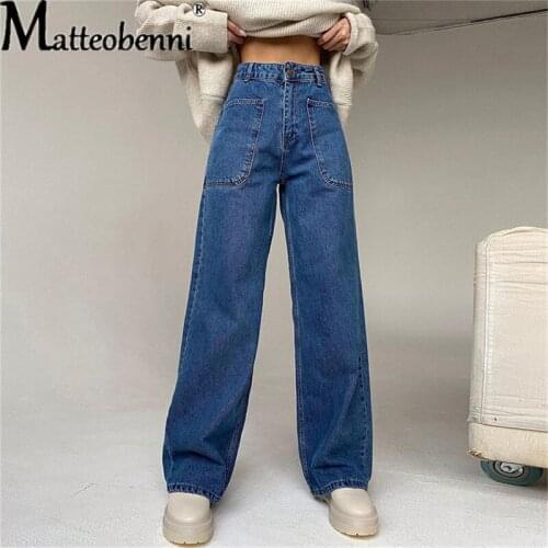 2021 Womens Salted High Waist Jeans Pocket Design Loose Trend Denim Pants Harajuku Retro Fashion Street Clothing All-Match