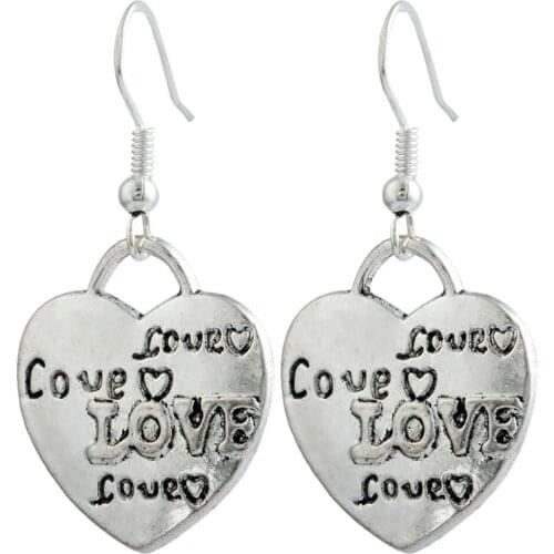 TUMBEELLUWA Tibetan Silver Heart LOVE Metal Dangle Drop Hook Ear Earrings For Women