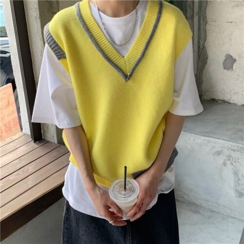 Personality Sweater Tank Womens Spring 2021 New V-neck Loose Contrast Color Patchwork Knitted Vest Female Tide