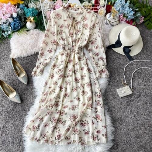 2021 Spring Summer Long-sleeved Chiffon Dress Women Floral Ruffled Casual Dresses Super fairy forest all-match long dress