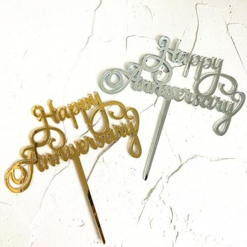 Happy Anniversary Acrylic Cake Topper Gold Silver Cupcake Topper For Anniversary Wedding Valentines Day Party Cake Decorations