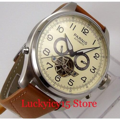 PARNIS Classic 48mm Mechanical Men Watch Self Winding Movement Date Week Indicator leather Band