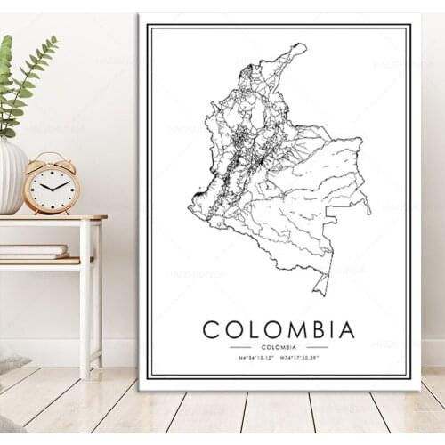 Black and white Posters COLOMBIA map wall art canvas painting hd print for Living room Bedroom Bar Cafe Home Decoration framed