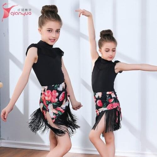 Childrens Latin Dance Skirt Kids Short Sleeve Dancing Suit 2pcs Exercise Suit Girls Performance Tassels Clothes Tassels B-5623